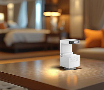 Compact indoor camera placed on a table in a bedroom, providing home security