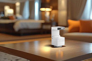 Compact indoor camera placed on a table in a bedroom, providing home security