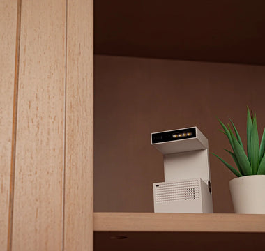 Motion-detecting camera placed on a shelf, blending discreetly with home decor