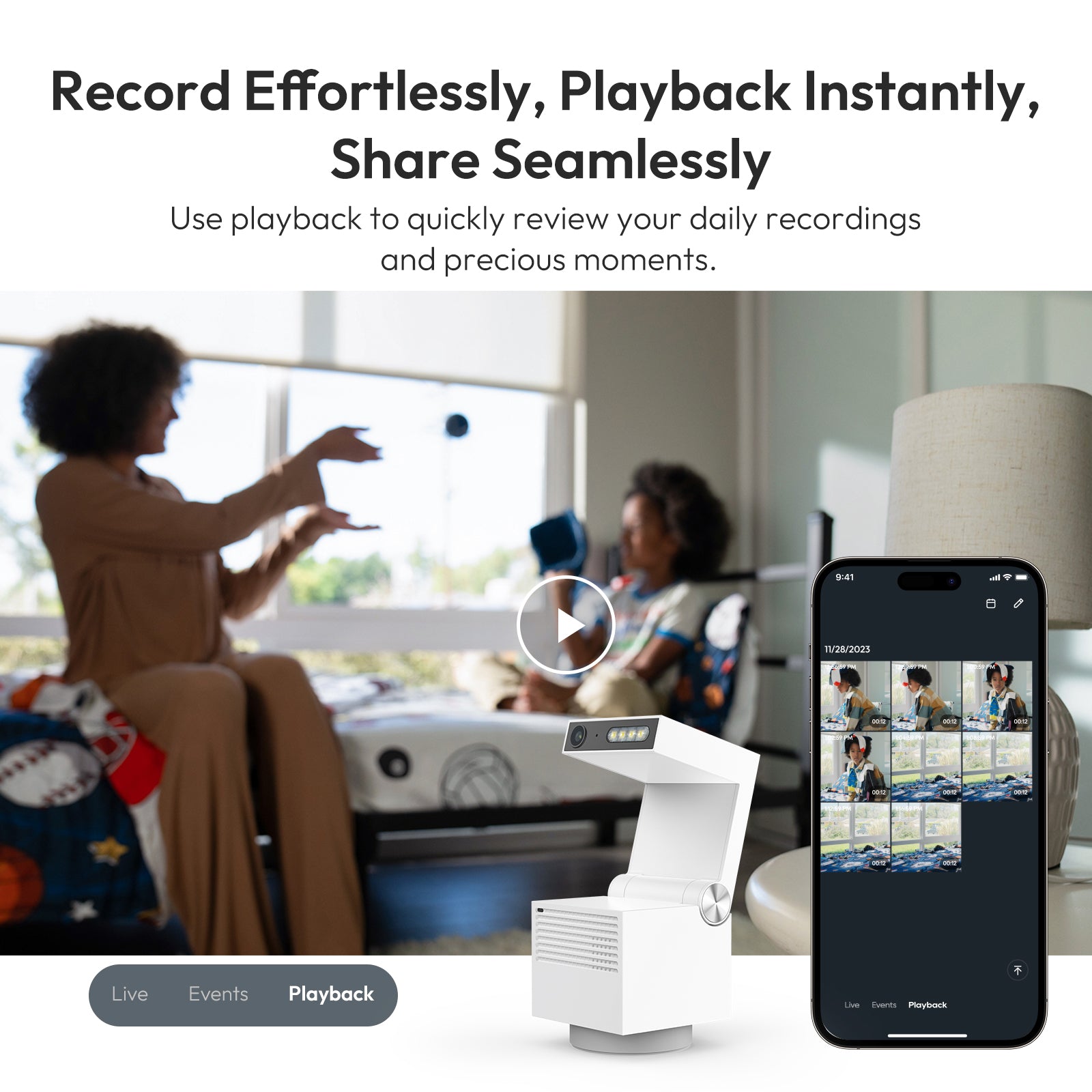 Modern home security promotion showing a woman and child with the Psync Camera Genie S and smartphone app displaying live feed and playback options